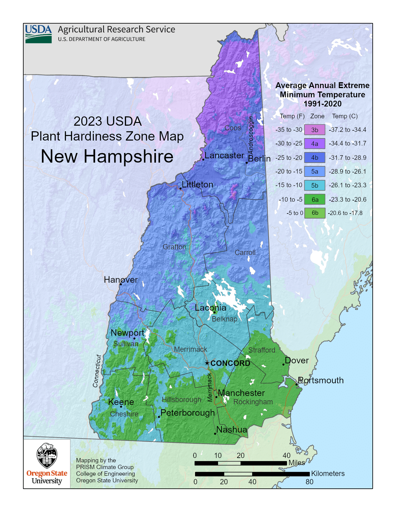 New Hampshire USDA hardiness zone map