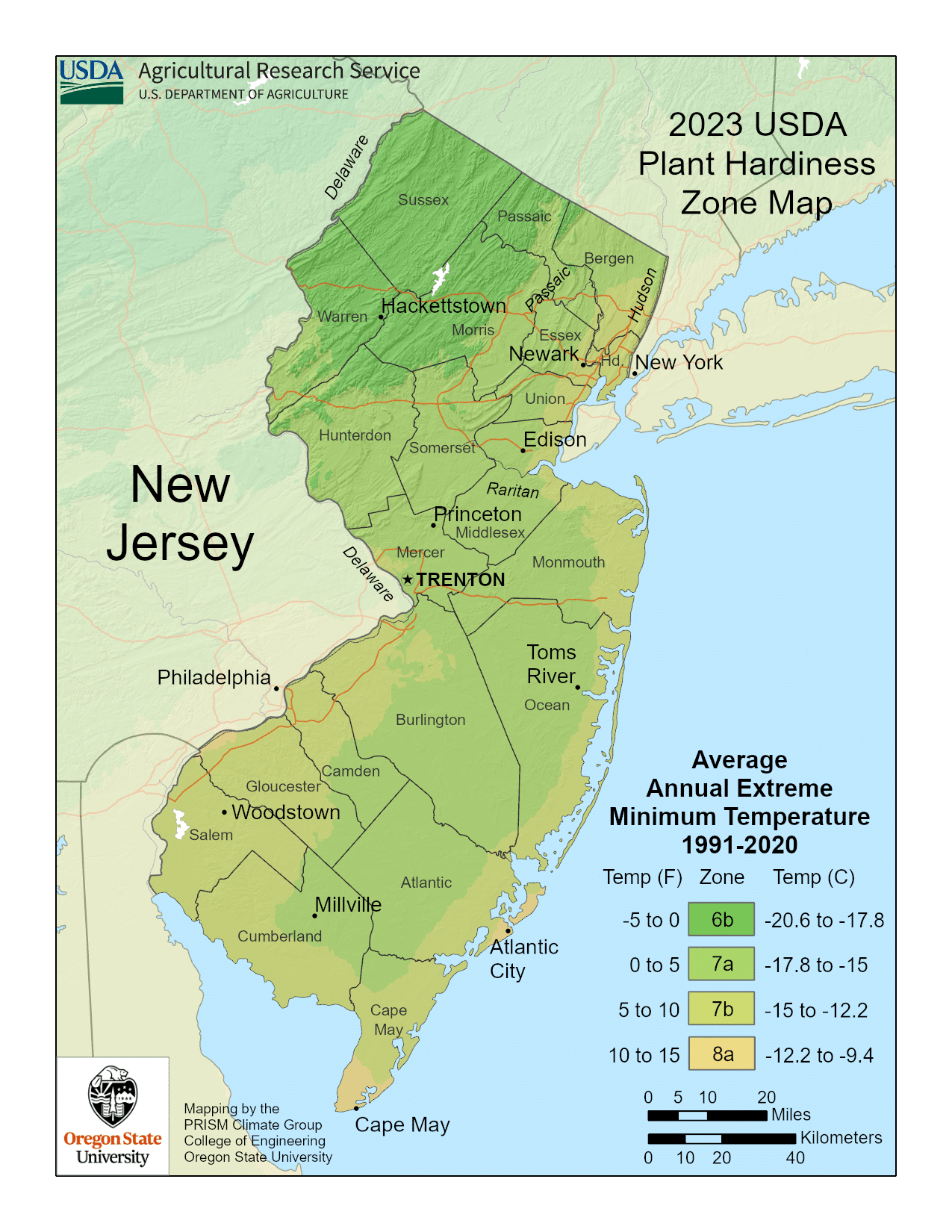 New Jersey USDA hardiness zone map