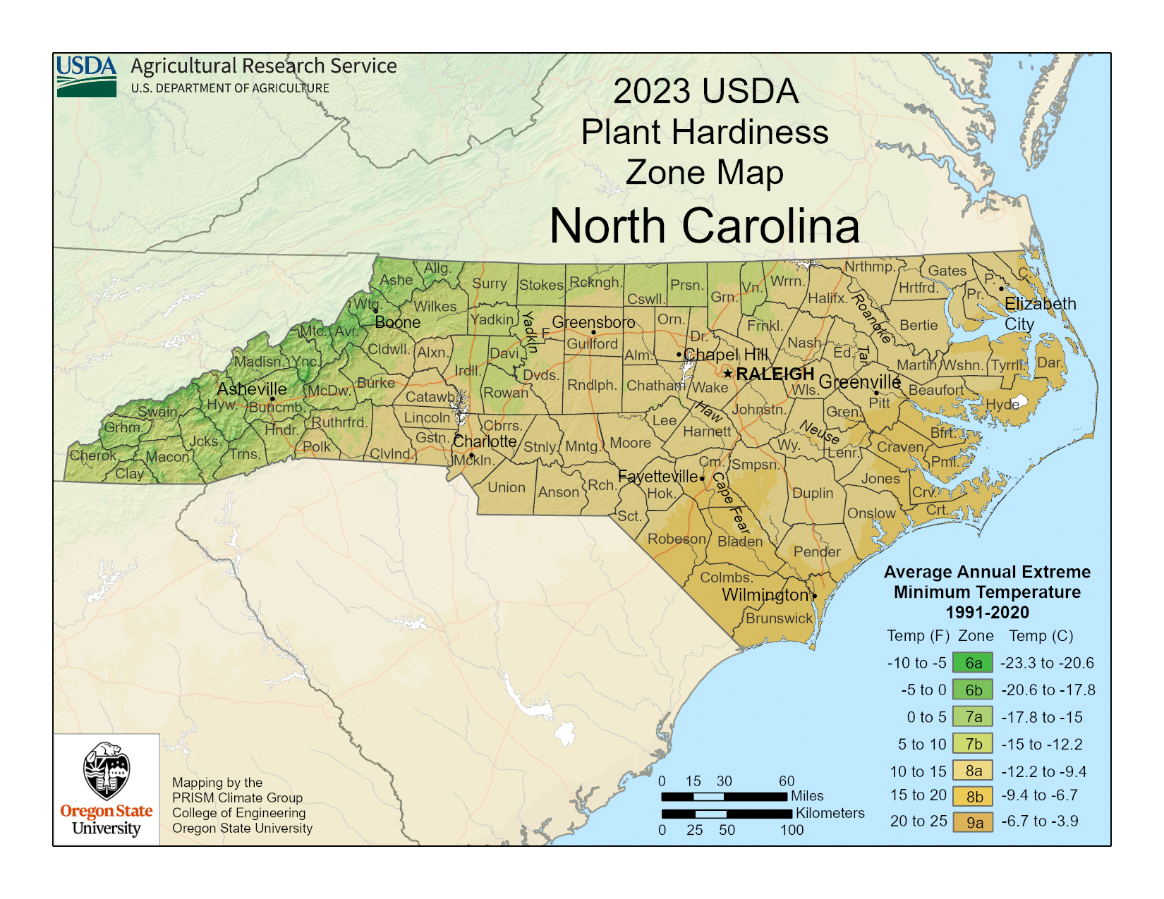 North Carolina USDA hardiness zone map