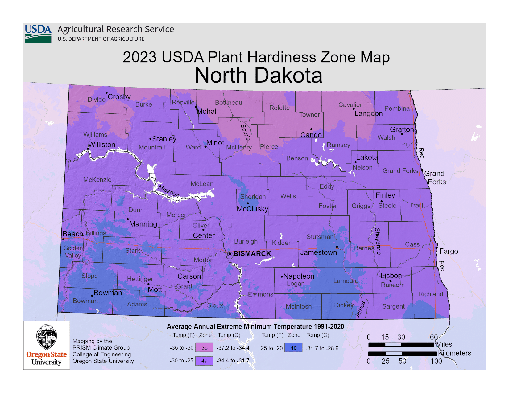 North Dakota USDA hardiness zone map