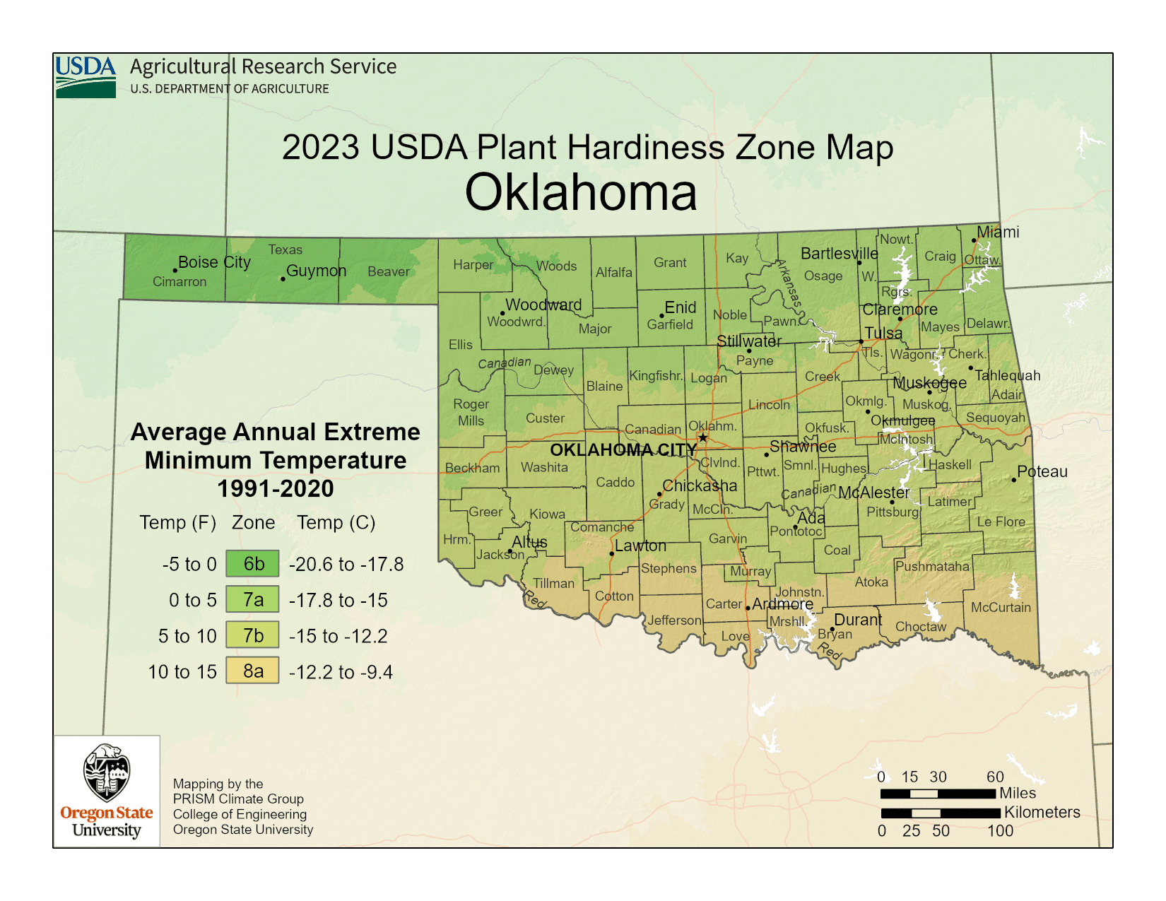 Oklahoma USDA hardiness zone map