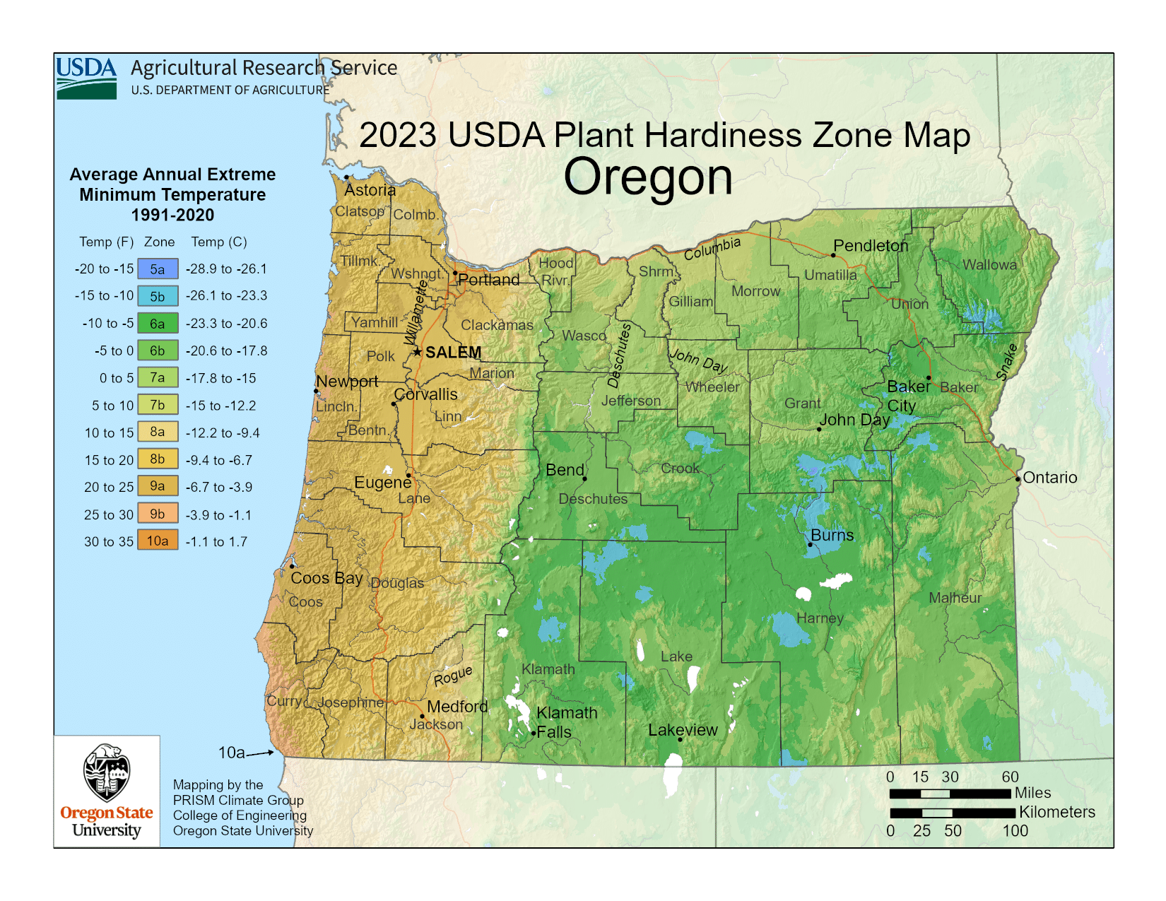 Oregon USDA hardiness zone map