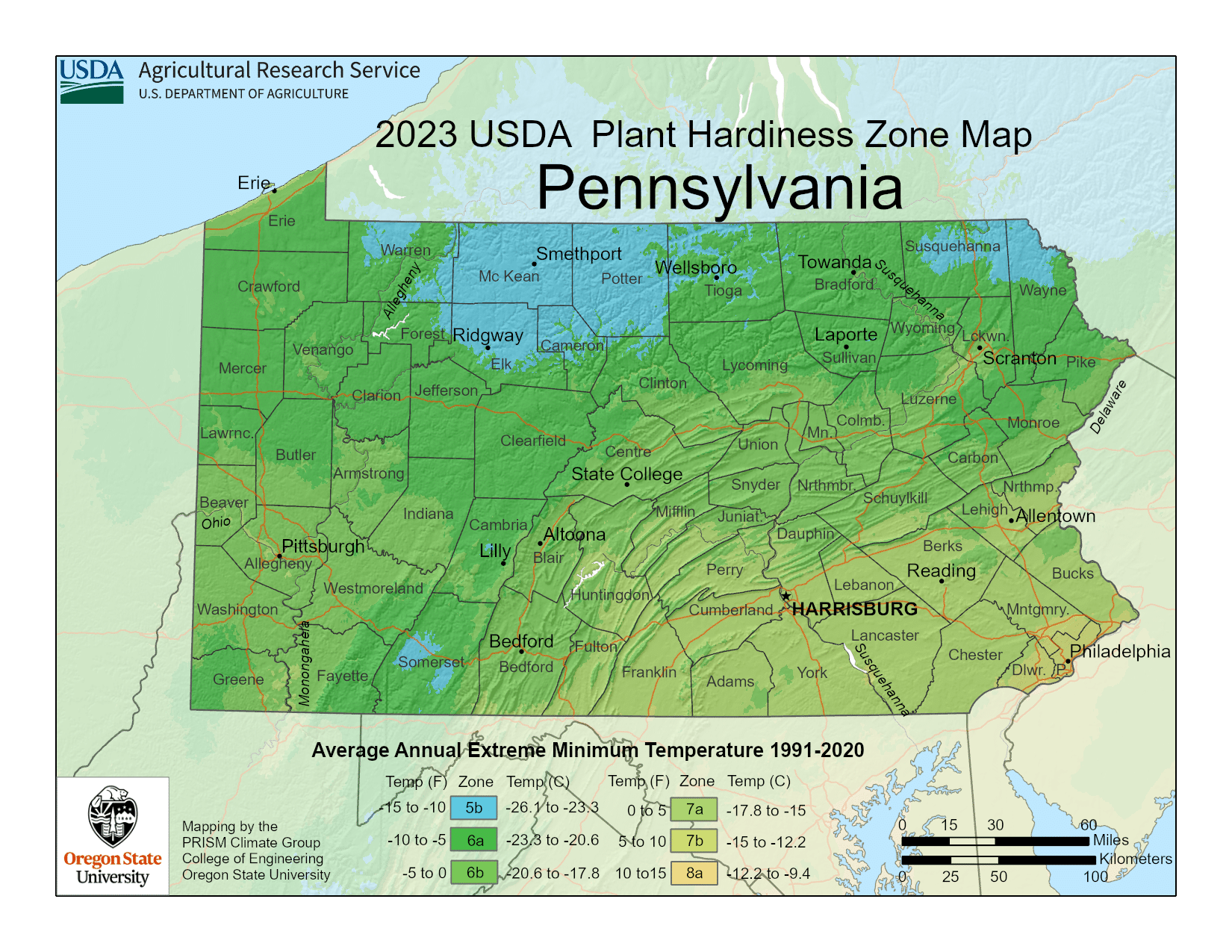 Pennsylvania USDA hardiness zone map