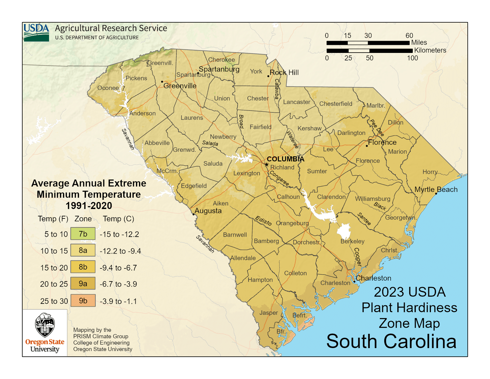 South Carolina USDA hardiness zone map