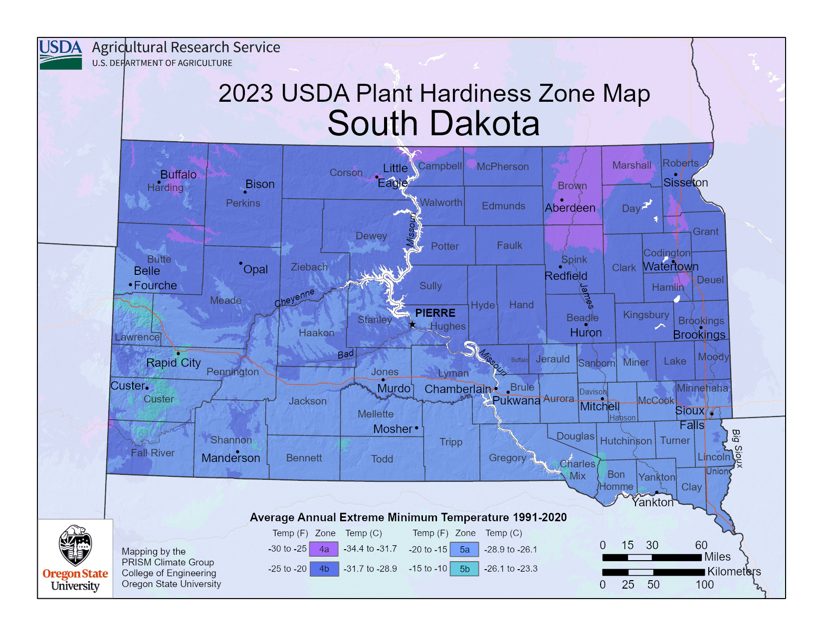 South Dakota USDA hardiness zone map