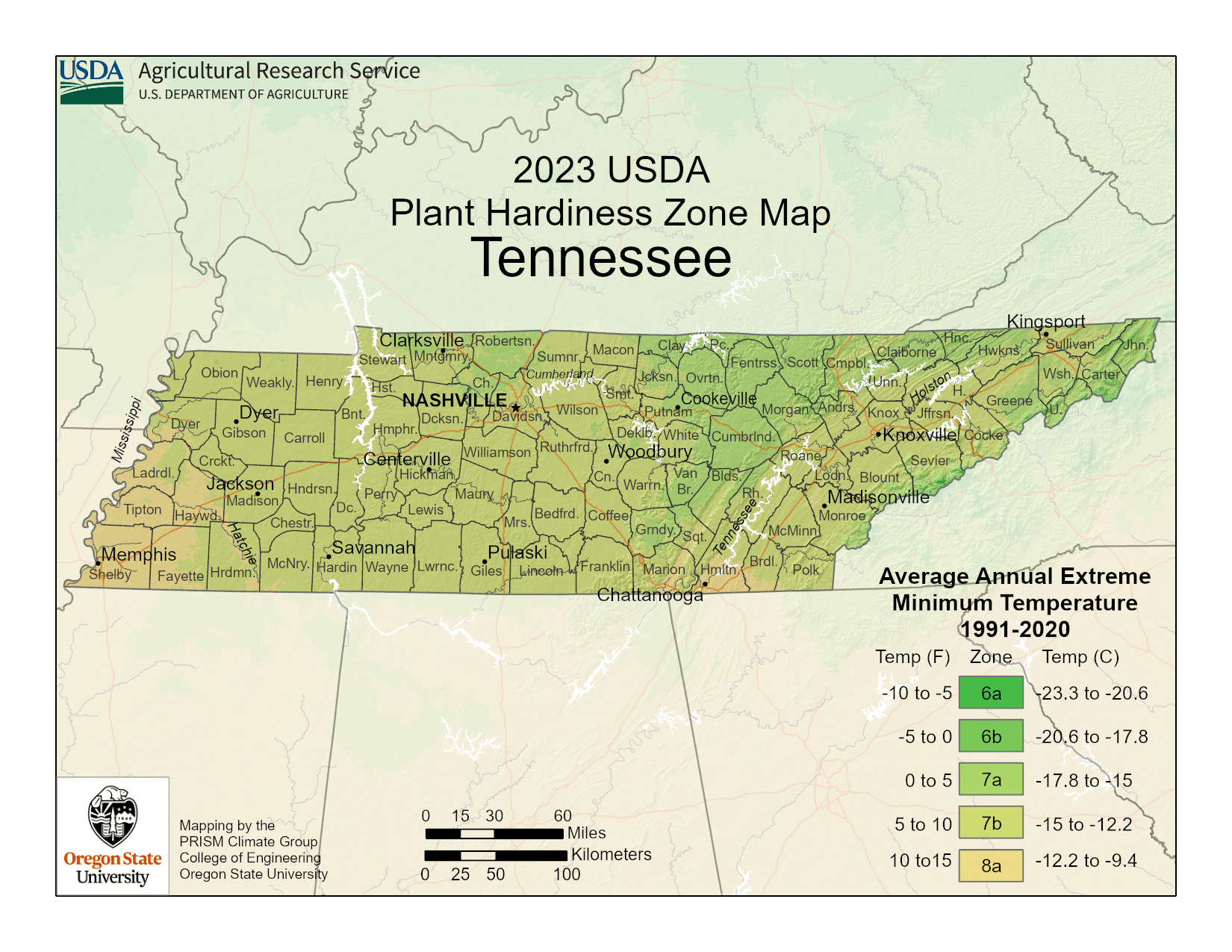 Tennessee USDA hardiness zone map