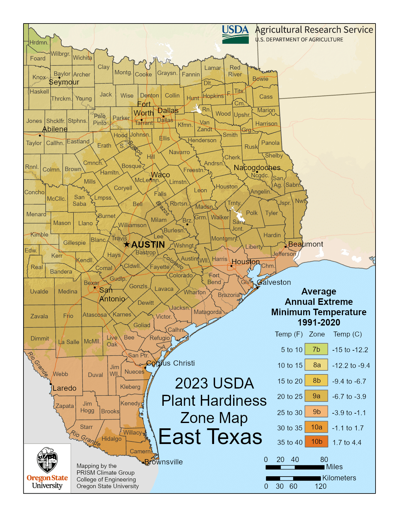 East Texas USDA hardiness zone map