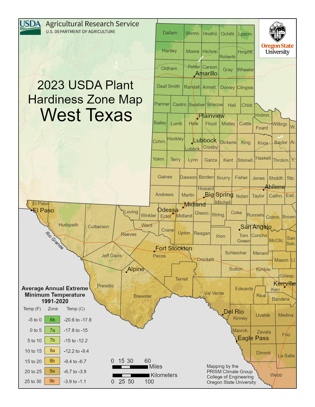 West Texas USDA hardiness zone map