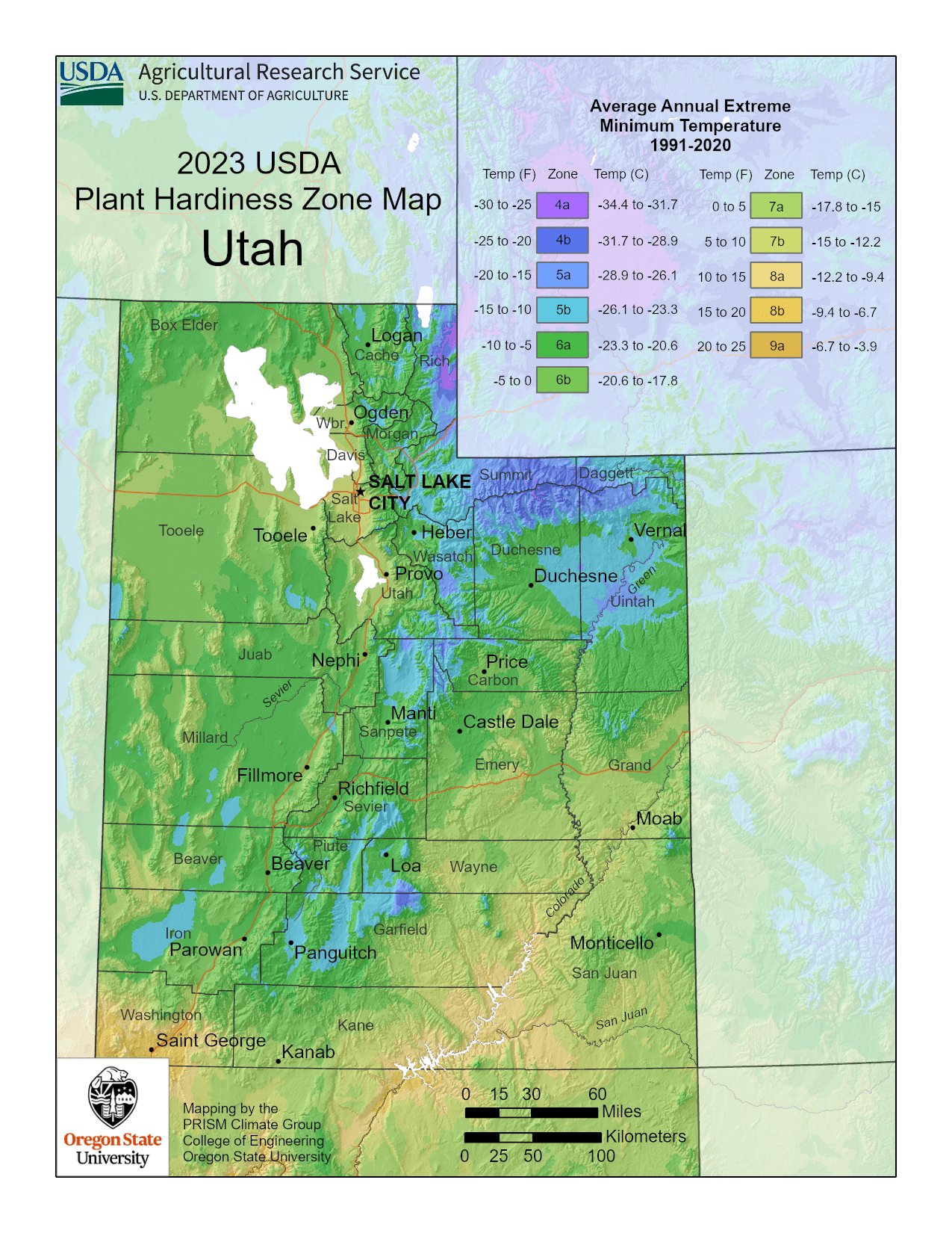 Utah USDA hardiness zone map