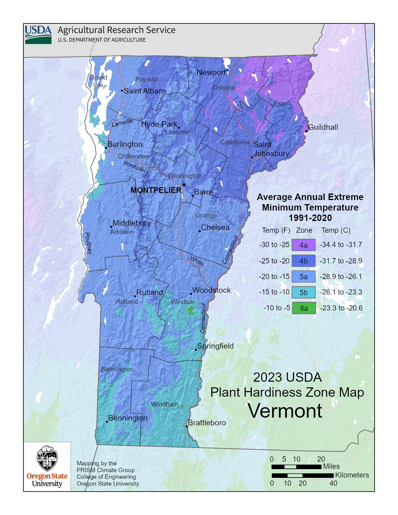 Vermont USDA hardiness zone map