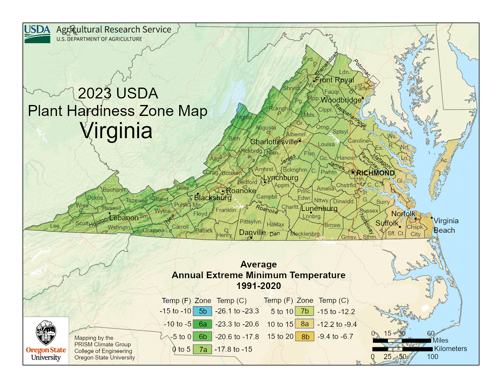 Virginia USDA hardiness zone map