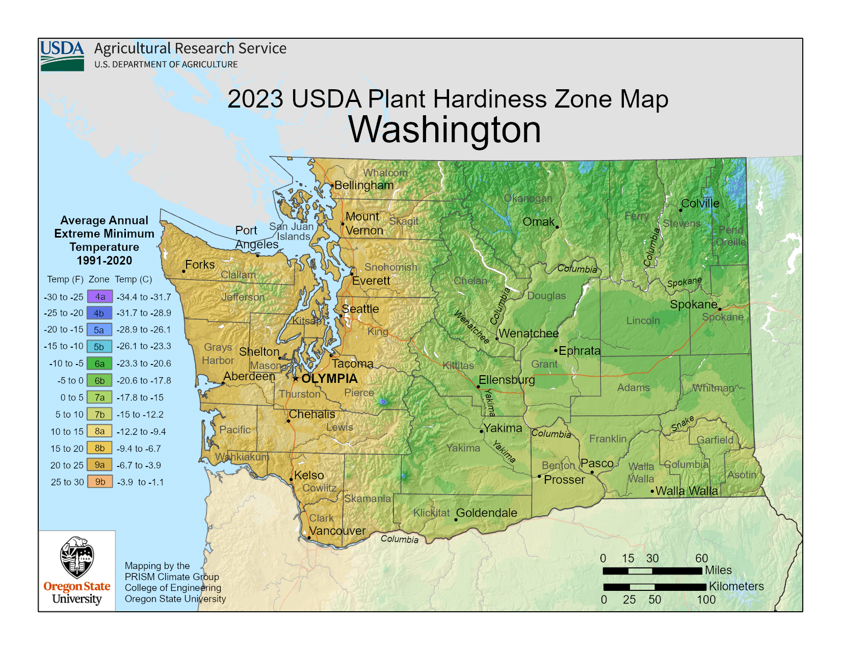 Washington USDA hardiness zone map