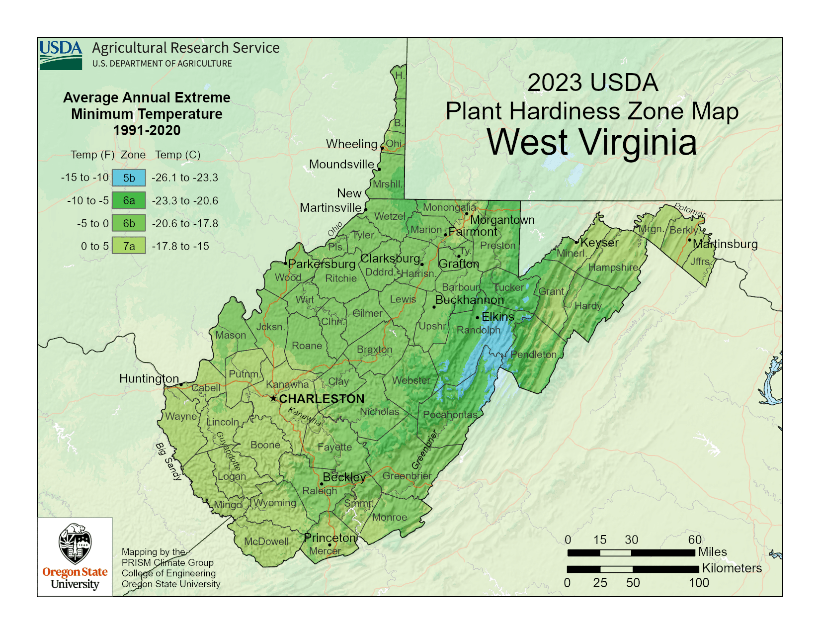 West Virginia USDA hardiness zone map