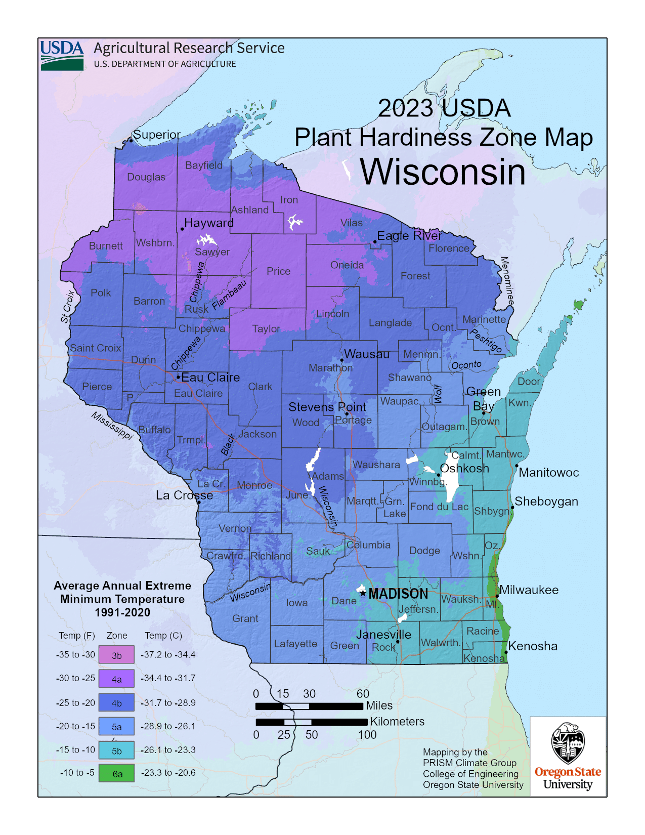 Wisconsin USDA hardiness zone map