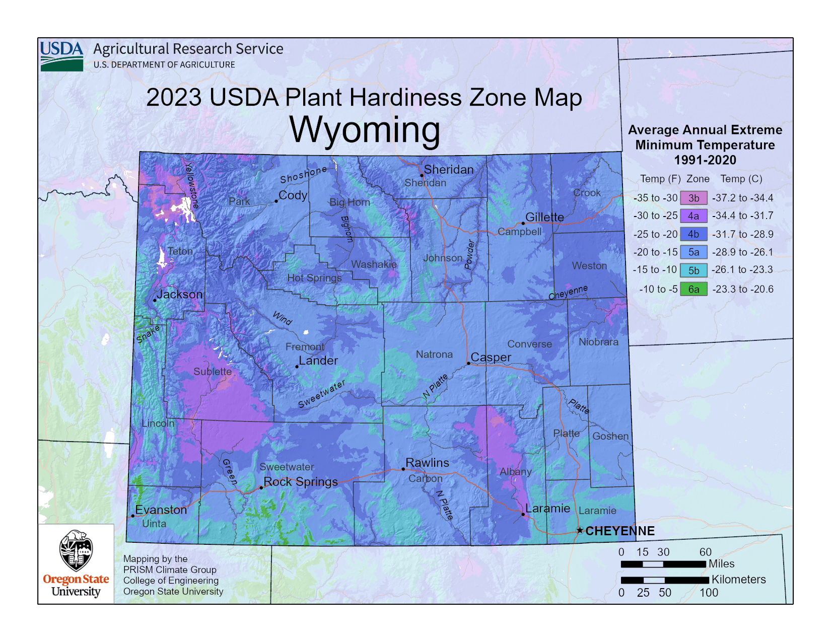 Wyoming USDA hardiness zone map