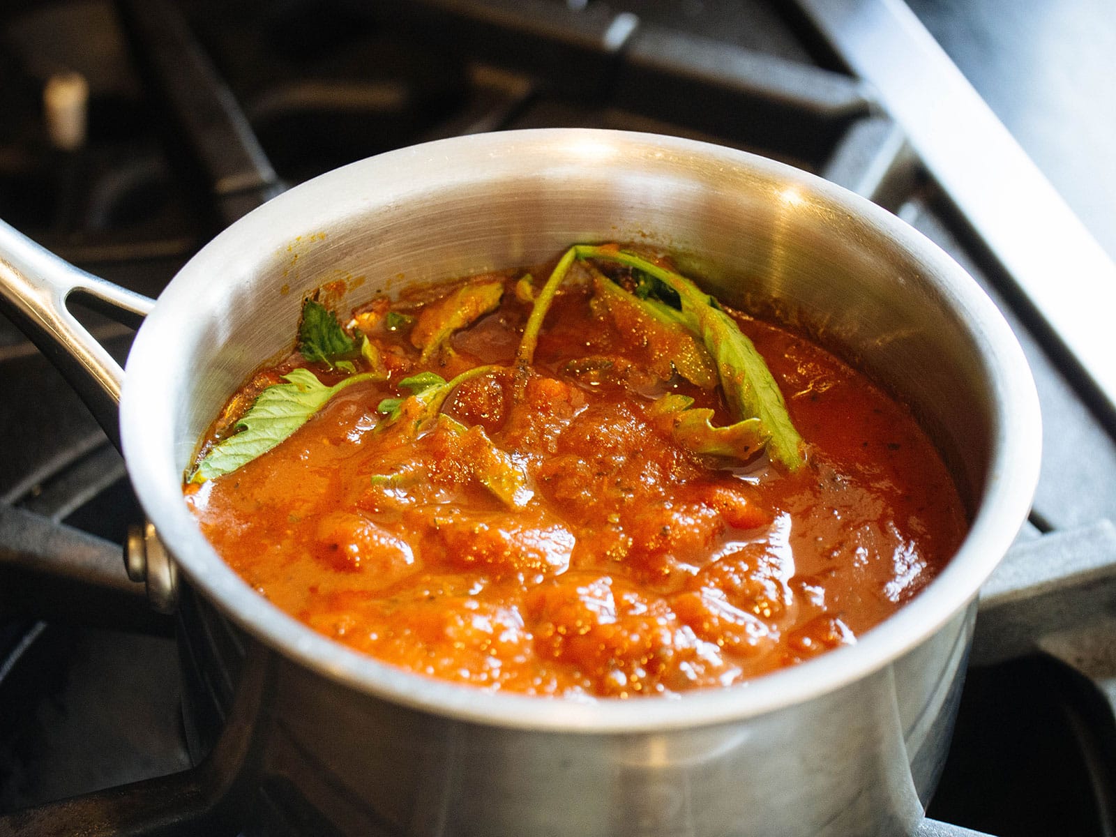 Stainless steel pot of tomato sauce with tomato leaves simmering on the stove