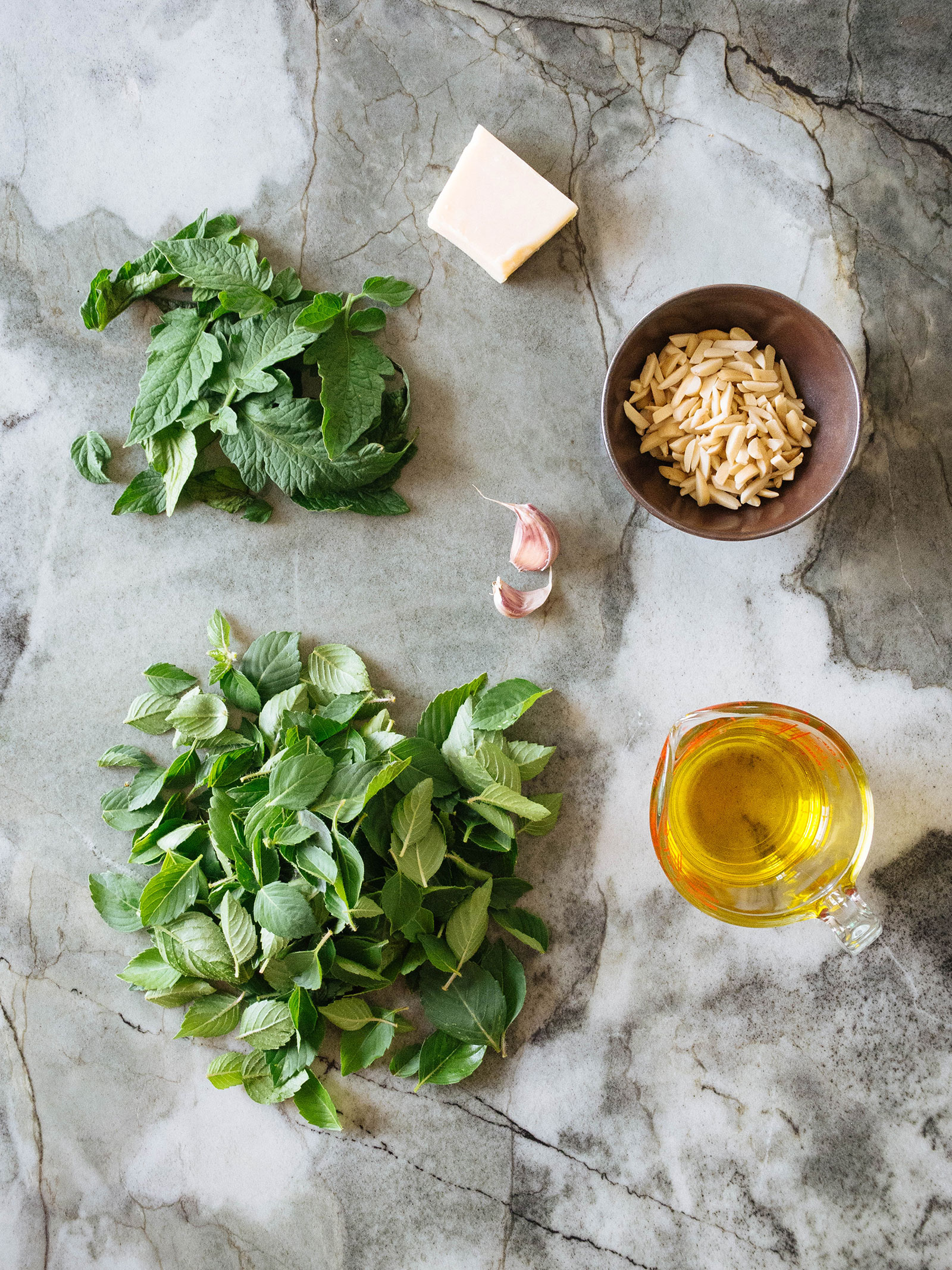Ingredients for tomato leaf pesto spread out on a stone surface