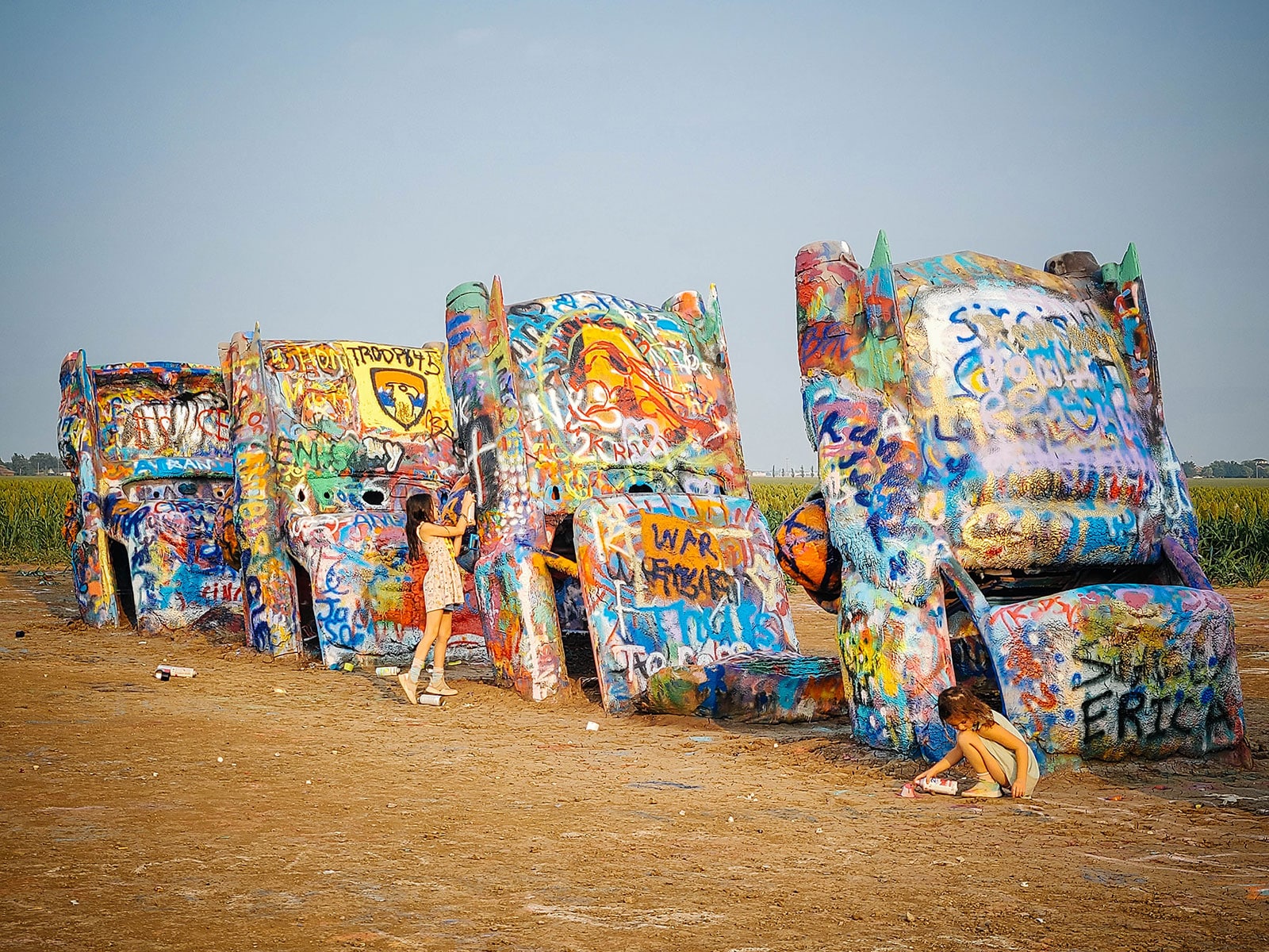Iconic spray-painted cars at Cadillac Ranch in Texas